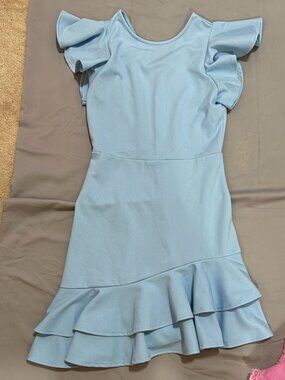Women’s Light Blue Ruffle Sleeve Fit & Flare Dress Tiered Hem  SKU036